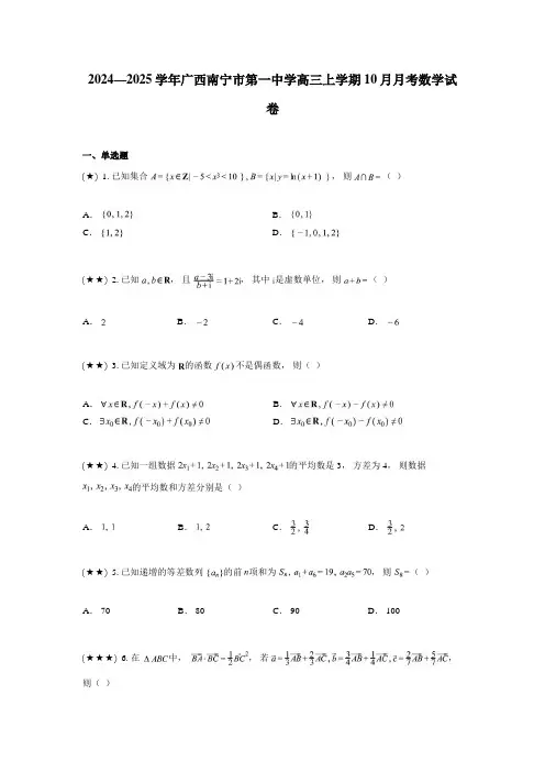 2024—2025学年广西南宁市第一中学高三上学期10月月考数学试卷