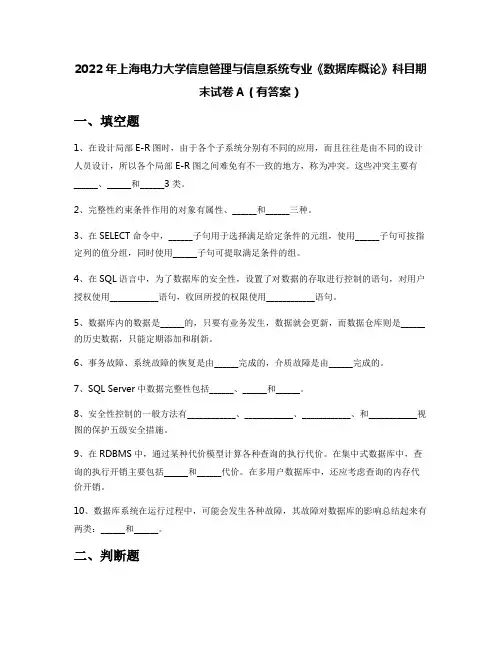 2022年上海电力大学信息管理与信息系统专业《数据库概论》科目期末试卷A(有答案)
