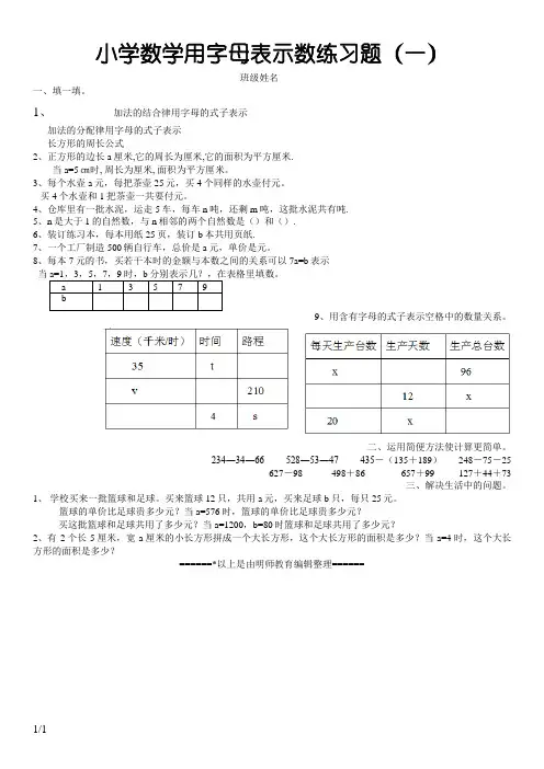 小学数学用字母表示数练习题