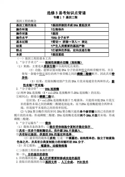 高中生物选修三全套知识点填空