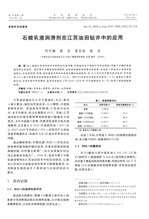 石蜡乳液润滑剂在江苏油田钻井中的应用