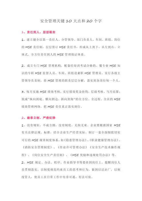 安全管理关键10大点和20个字