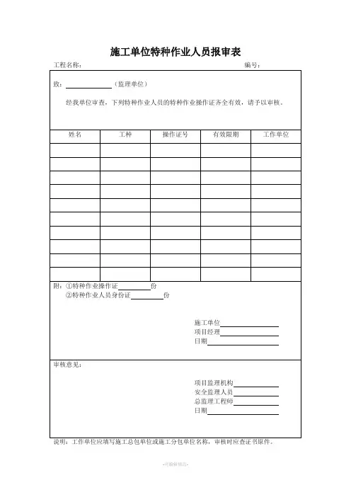 施工单位特种作业人员报审表