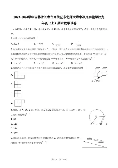2024年吉林省长春市南关区东北师大附中净月实验学校九年级(上)期末数学试卷+答案解析(附后)