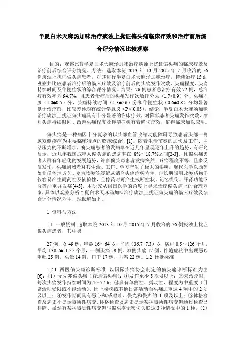 半夏白术天麻汤加味治疗痰浊上扰证偏头痛临床疗效和治疗前后综合评分情况比较观察