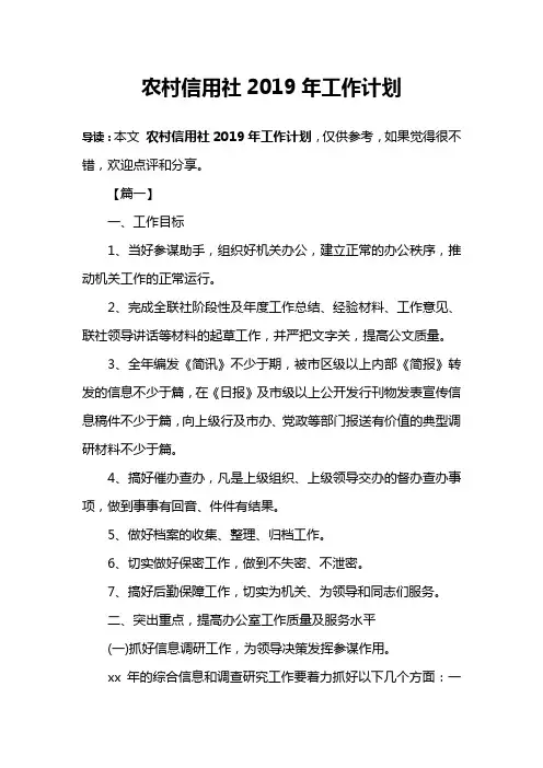 农村信用社2019年工作计划