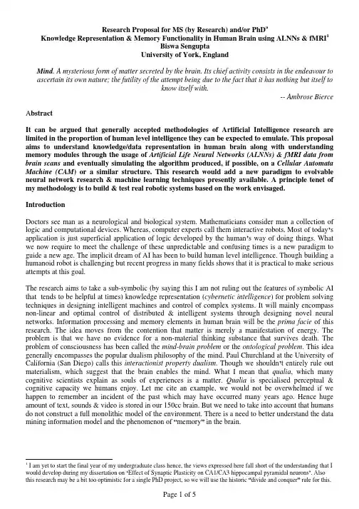 Research Proposal for MS (by Research) andor PhD a Knowledge Representation & Memory Functi