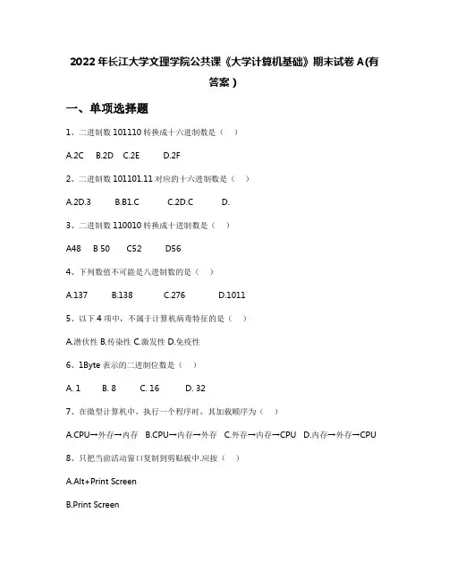 2022年长江大学文理学院公共课《大学计算机基础》期末试卷A(有答案)