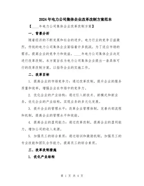 2024年电力公司集体企业改革改制方案范本