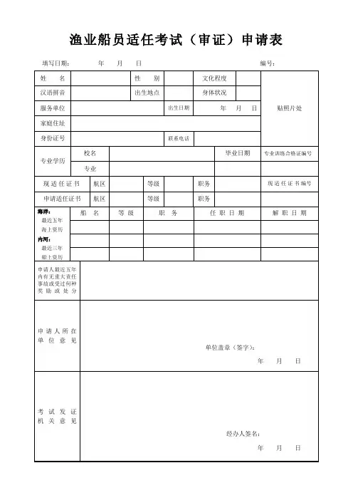 渔业船员适任考试(审证)申请表