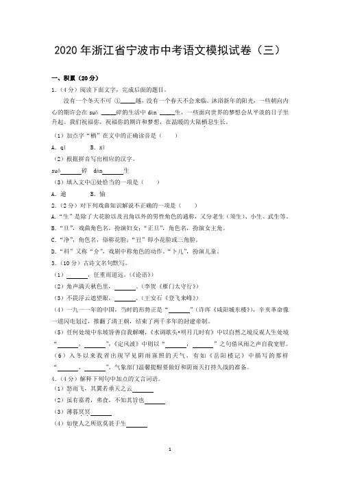 2020年浙江省宁波市中考语文模拟试卷(三)