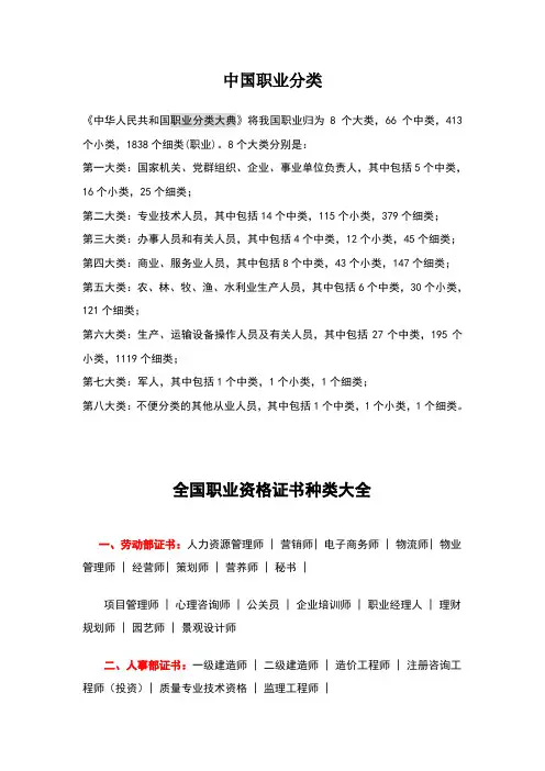 全国职业资格证书种类大全