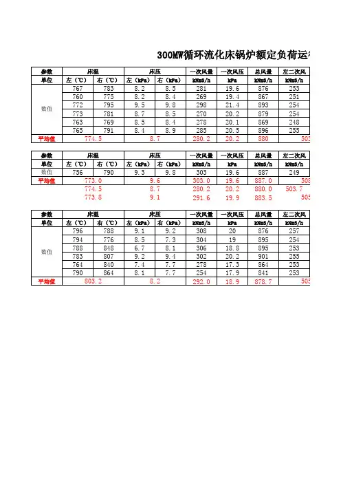 锅炉额定负荷运行参数