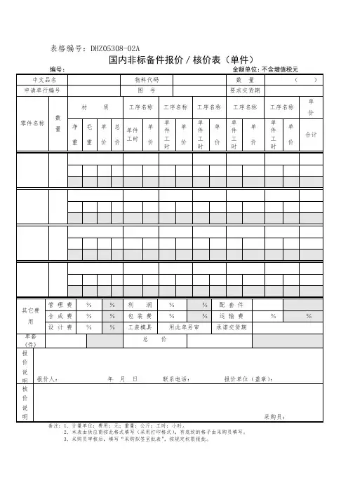 国内非标备件报价／核价表(单件