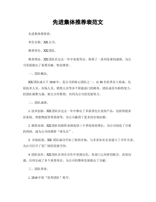 先进集体推荐表范文