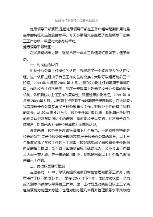处级领导干部转正工作总结范文_试用期工作总结_