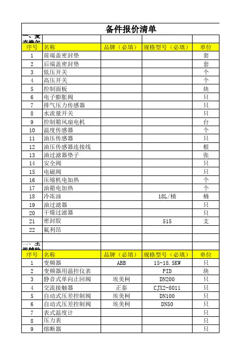 中央空调冷水机组螺杆机、多联机维修备件清单