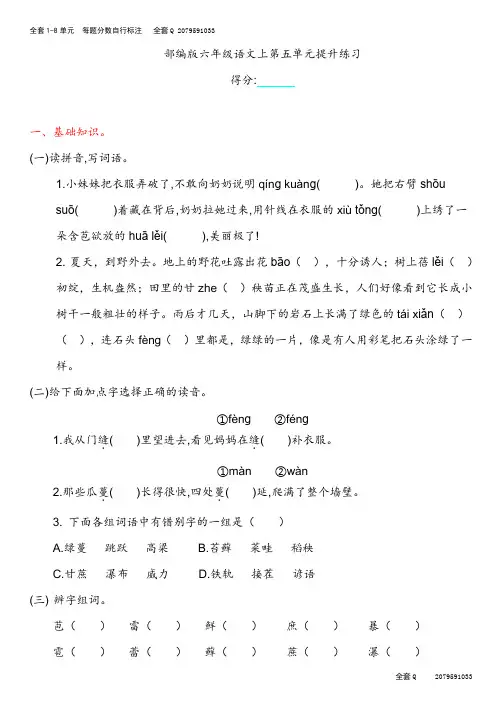 部编版六年级上册语文试题-第五单元提升练习(含答案)部编版)