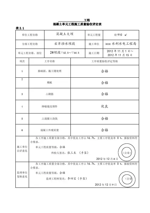 混凝土单元工程施工质量验收评定表(例表)