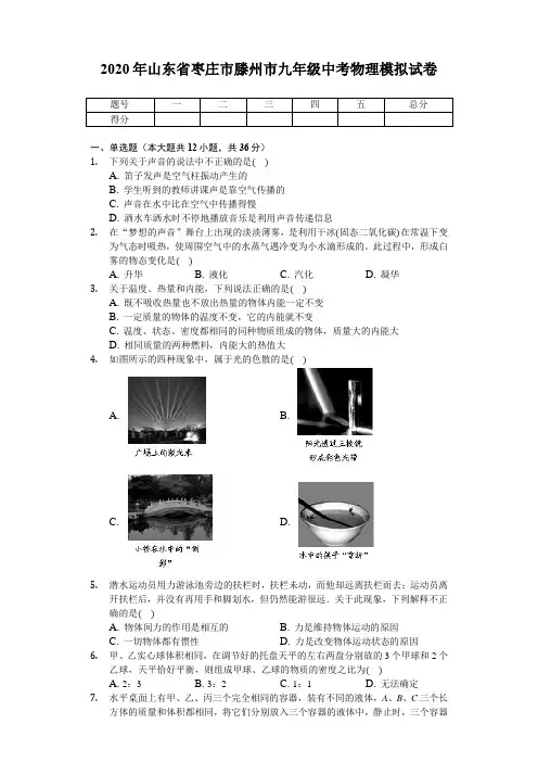 2020年山东省枣庄市滕州市九年级中考物理模拟考试试卷(无答案)