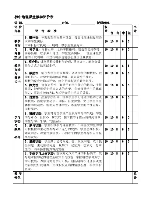 地理课堂教学评价表