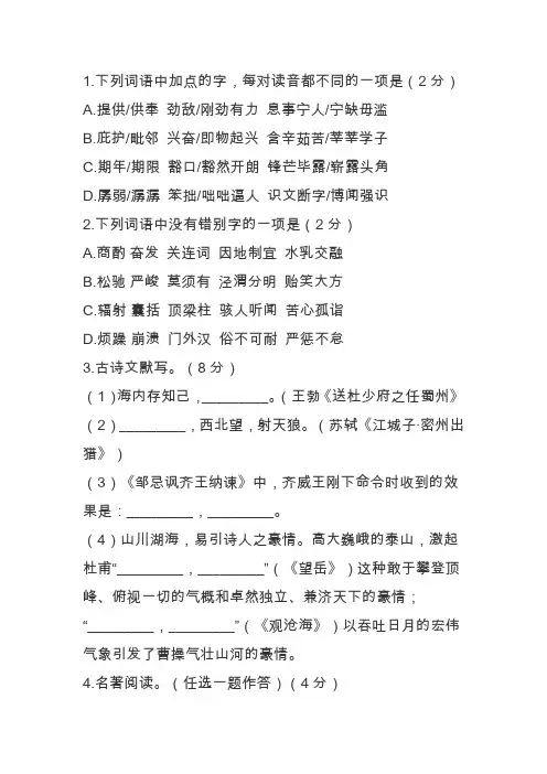 2020九年级中考语文试题模拟考试试卷(答案解析)