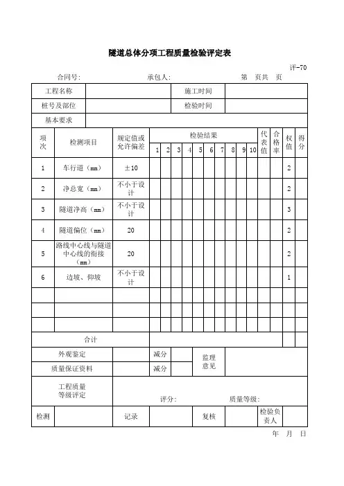【工程表格模板】隧道总体分项工程质量检验评定表