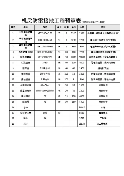 机房防雷接地工程预算表(可编辑修改word版)