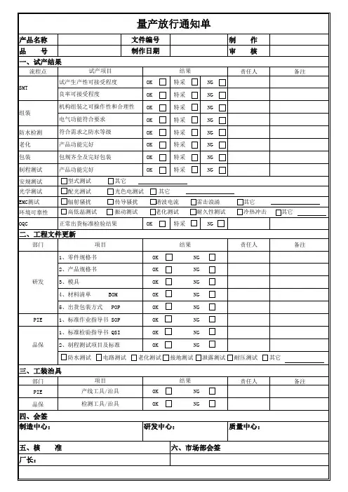 量产放行单模板