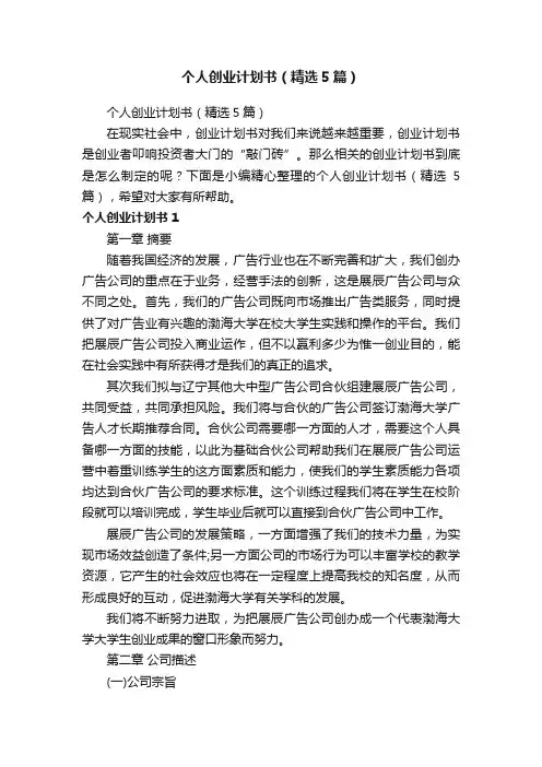 个人创业计划书（精选5篇）