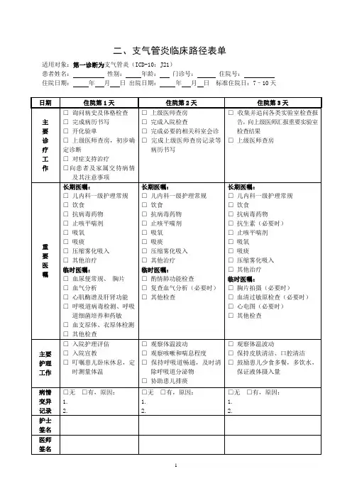 支气管炎临床路径表格