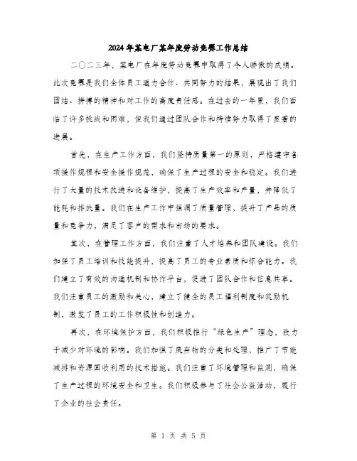 2024年某电厂某年度劳动竞赛工作总结（2篇）
