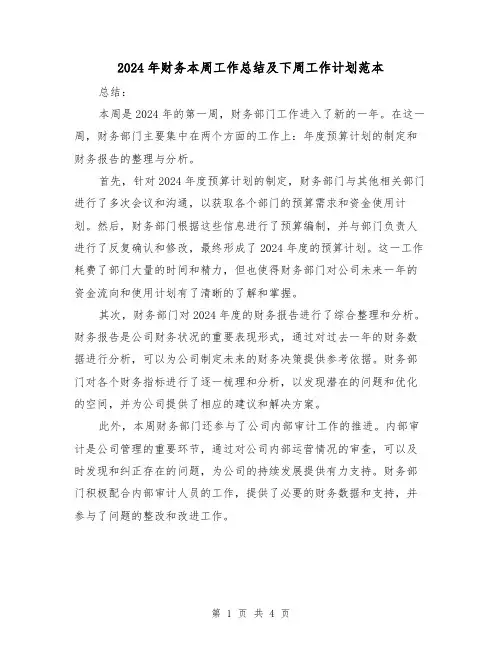2024年财务本周工作总结及下周工作计划范本（2篇）