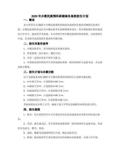 2023年少数民族预科班湖南各高校招生计划
