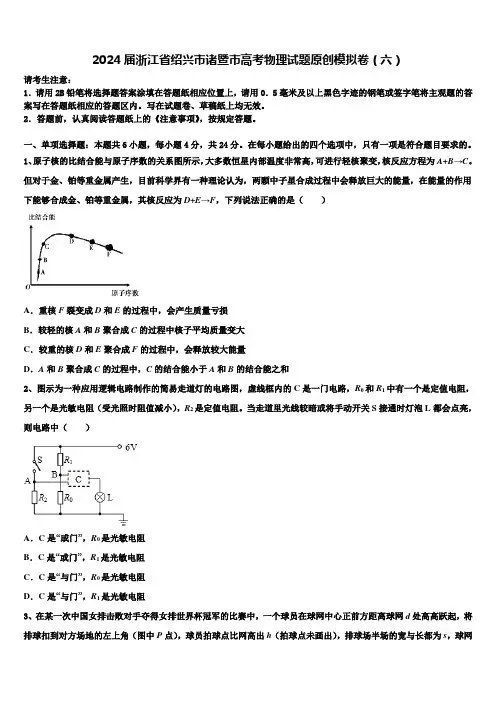 2024届浙江省绍兴市诸暨市高考物理试题原创模拟卷(六)