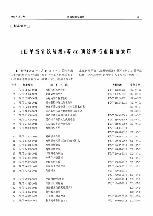 《山羊绒针织绒线》等60项纺织行业标准发布