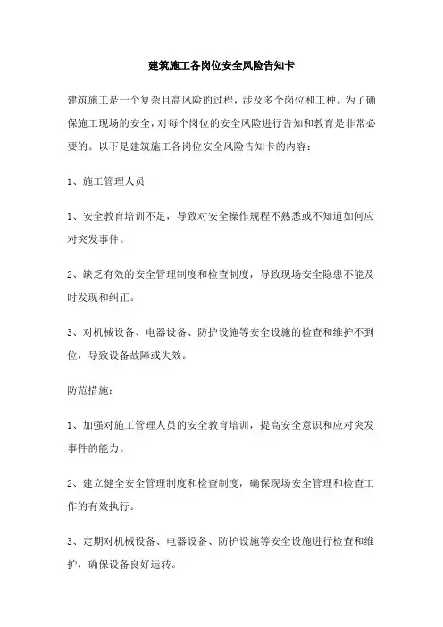 建筑施工各岗位安全风险告知卡