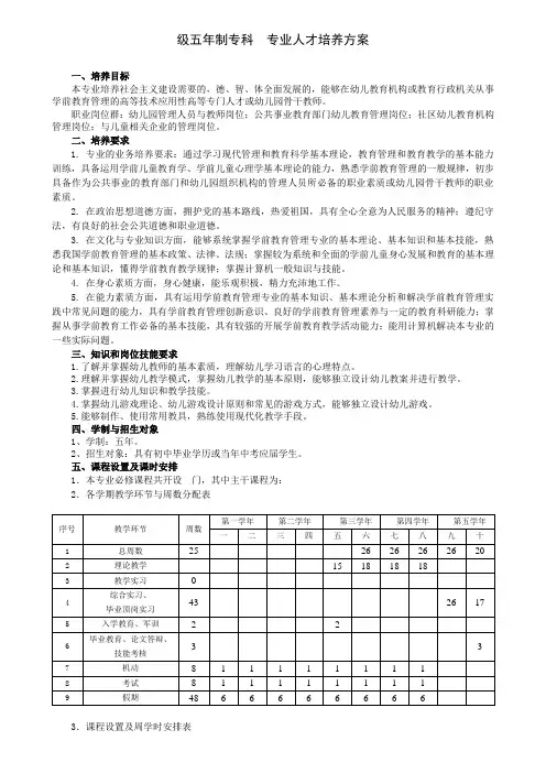 五年制专科人才培养方案新模板