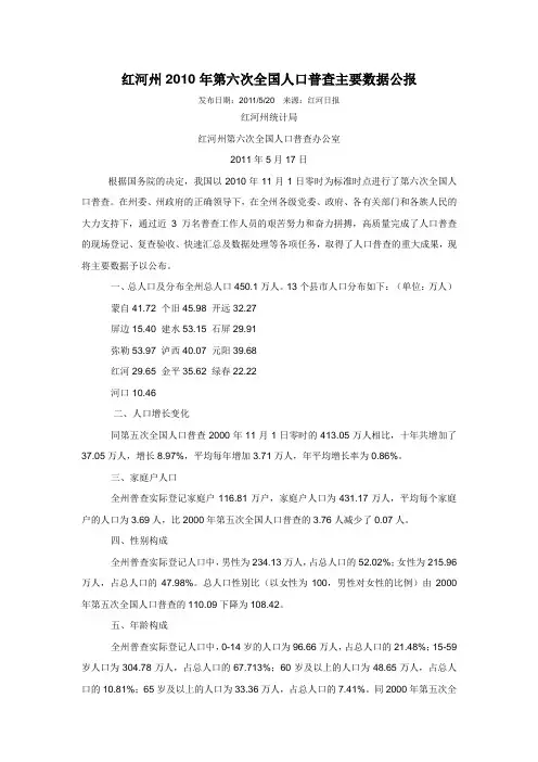 2507-云南省红河州2010年第六次全国人口普查主要数据公报