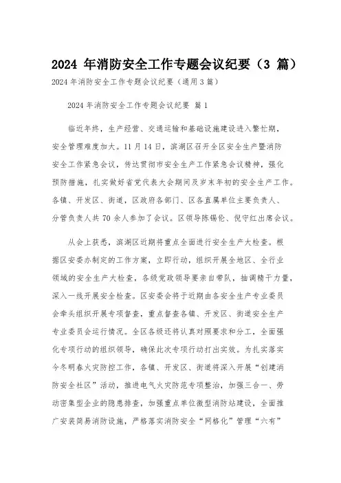 2024年消防安全工作专题会议纪要(3篇)