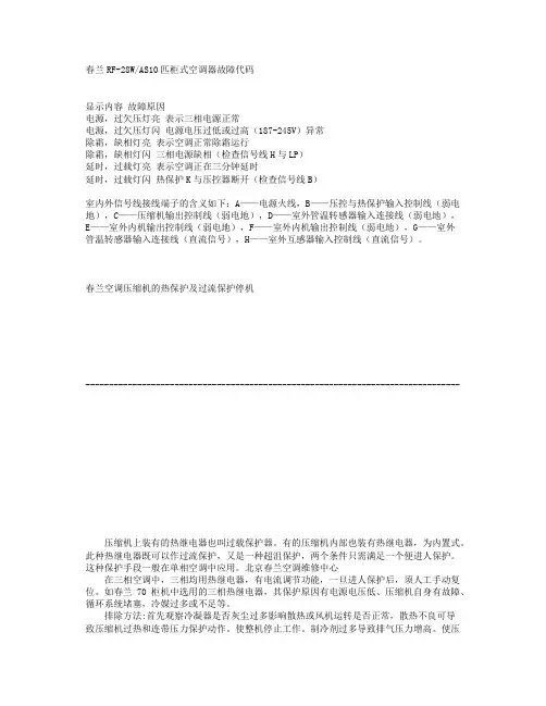 春兰RF-28WAS10匹柜式空调器故障代码和故障维修