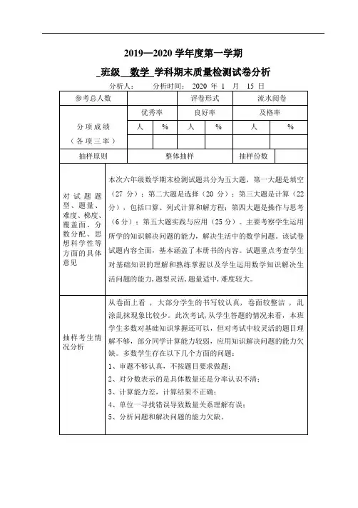 六年级数学学科期末质量检测试卷分析