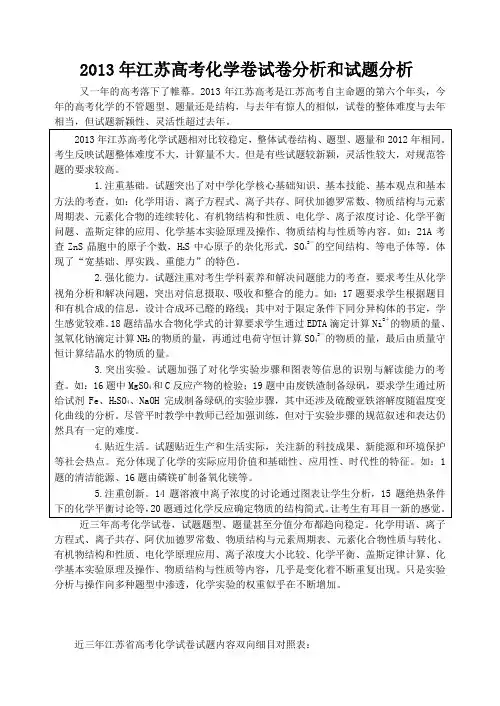 2013年江苏高考化学卷试卷分析和试题分析(全新Word详解详析版)
