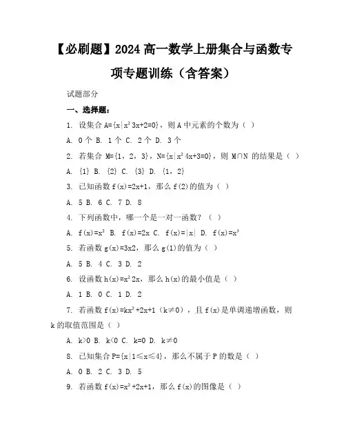 【必刷题】2024高一数学上册集合与函数专项专题训练(含答案)