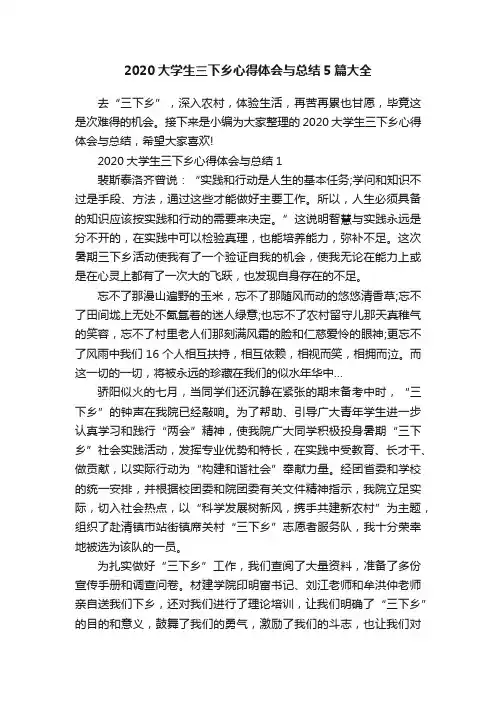 2020大学生三下乡心得体会与总结5篇大全