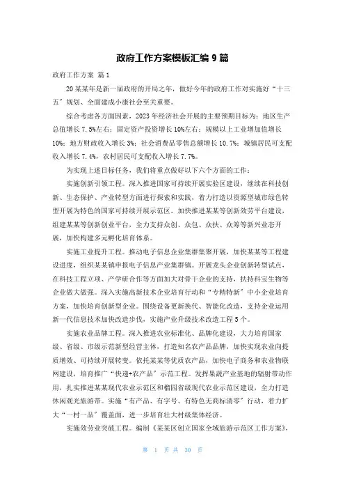 政府工作计划模板汇编9篇