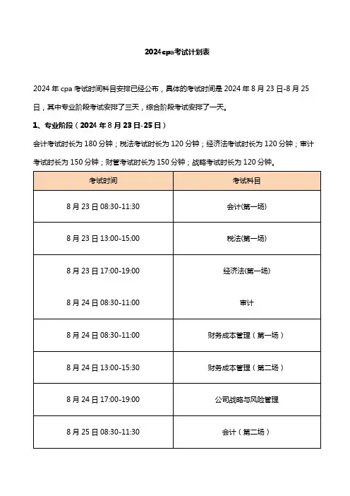 2024cpa考试计划表