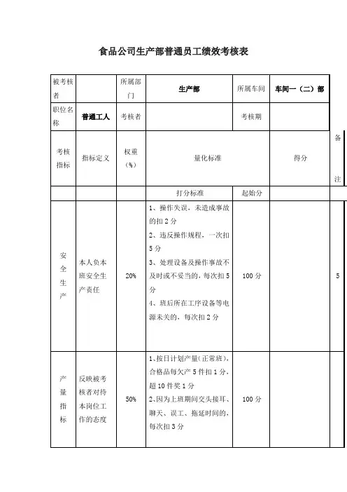 食品公司生产部普通员工绩效考核表