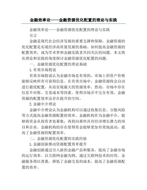金融效率论——金融资源优化配置的理论与实践