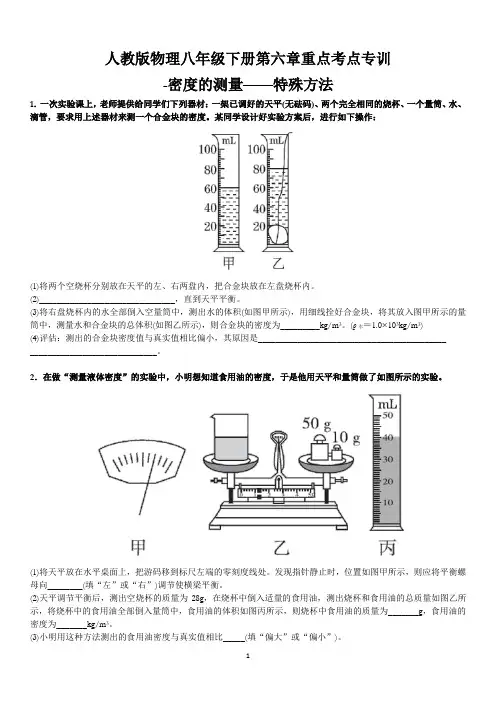 2020人教版物理八年级上册第六章重点考点专训-密度的测量——特殊方法(附答案)